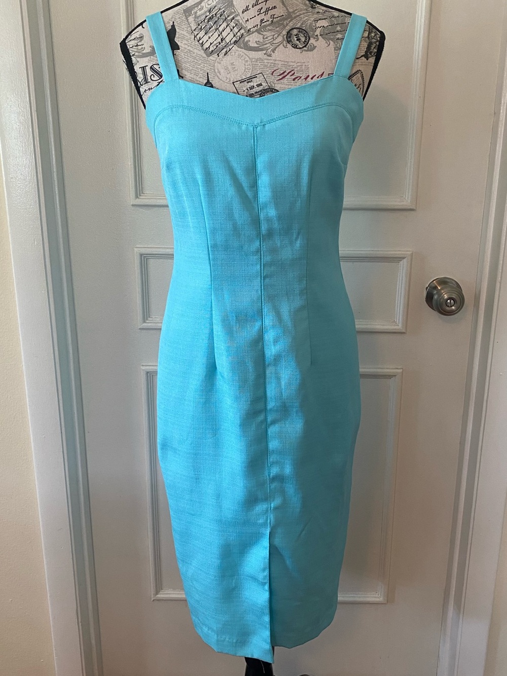 Ann Taylor Petite 0P Aqua Blue Sheath Dress | Lined Career Cocktail Midi - Picture 3 of 16